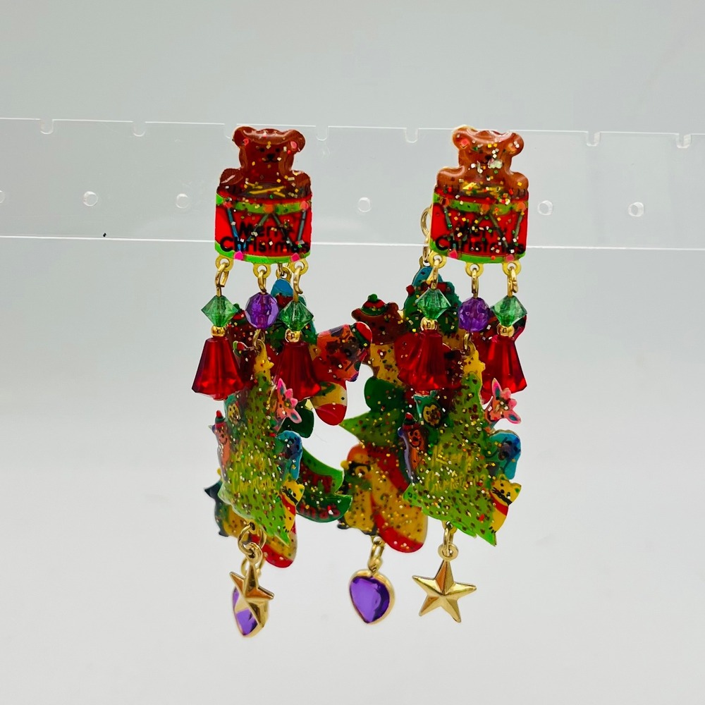 Vintage Watta Christmas Bear Tree Dangle Earrings Glitter Holiday Maximalist